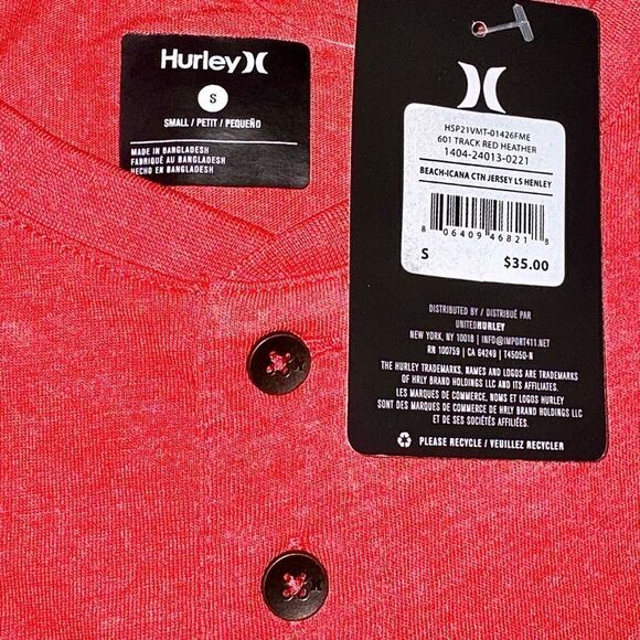 Hurley Long Sleeve Cotton Jersey Beach Icana Logo Henley T-shirt Red Men’s Small - Picture 15 of 16
